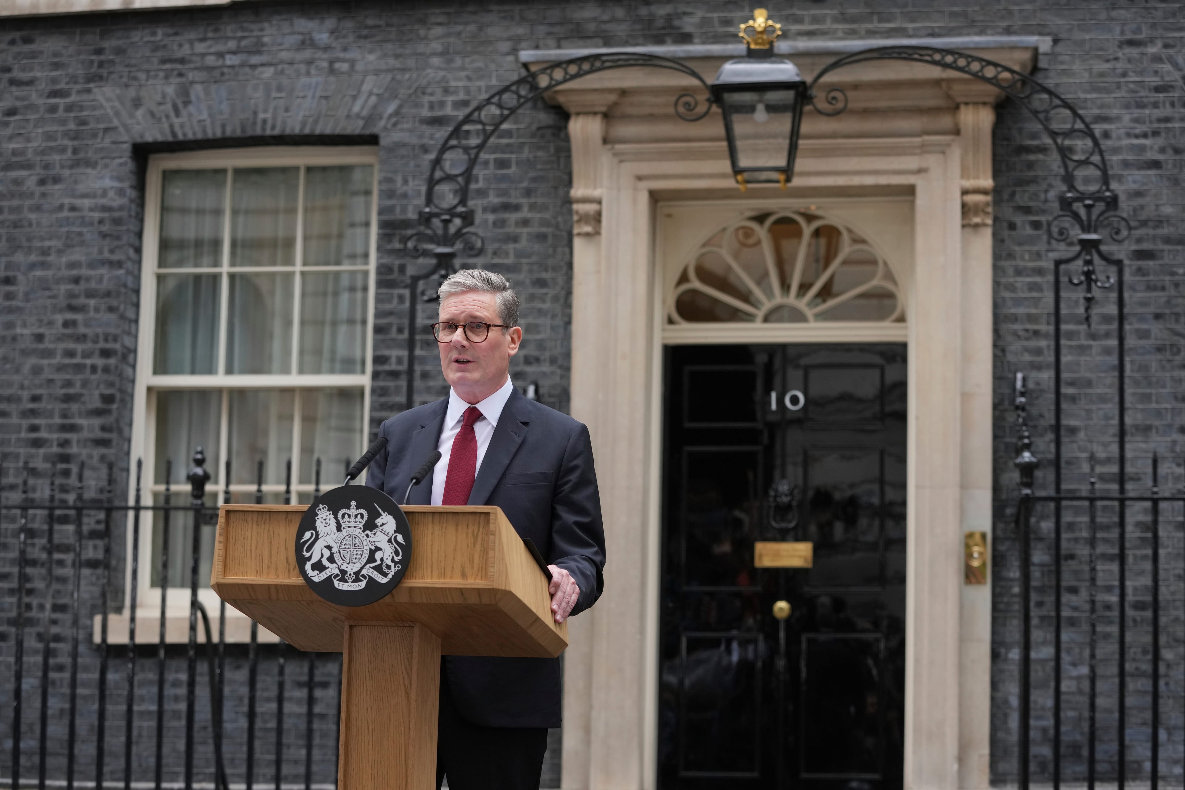Britain's Labour Party Prime Minister Kier Starmer makes speech outside 10 Downing Street in London